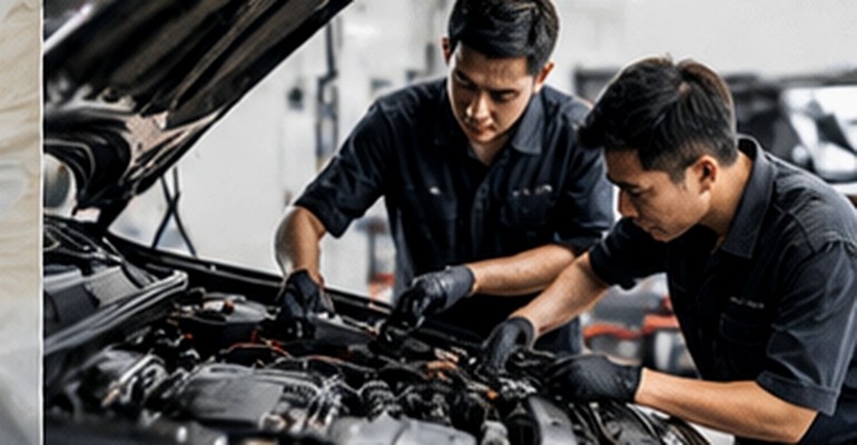 Mechanics inspecting an engine