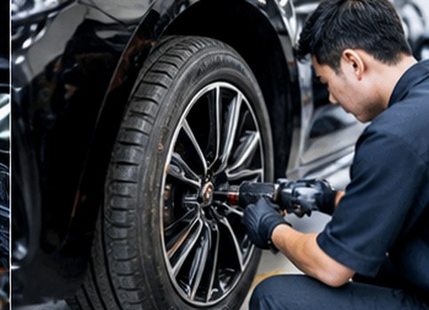 Technician servicing a vehicle wheel