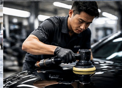 Technician polishing a car