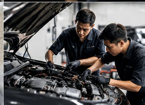 Mechanics working on an engine