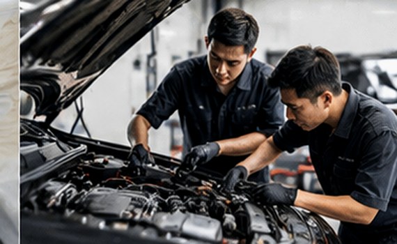 Mechanics working in an automotive workshop