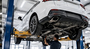 Car raised on a workshop lift